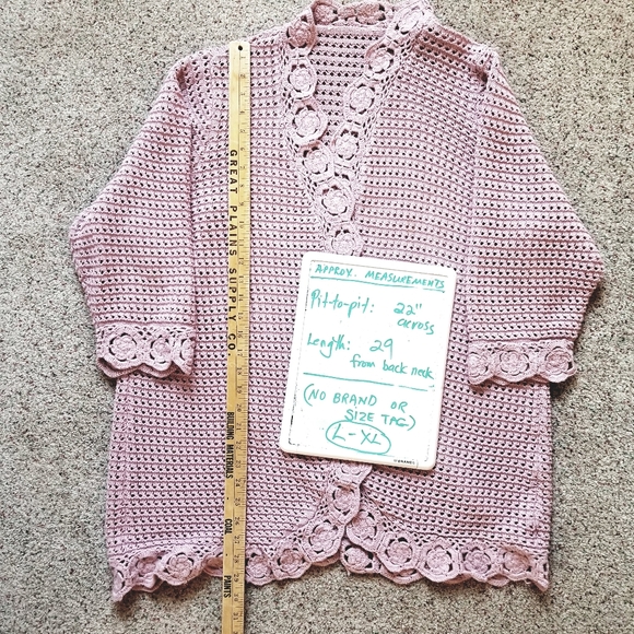 Knit Cardigan Crochet Granny Square TrimOpen Front 3/4 Sleeve Cotton Blend - Picture 7 of 8